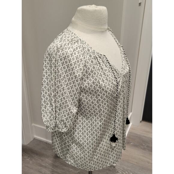 A New Day White Black Geometric Print Boho Peasant Top Tassels Cotton Small - Picture 6 of 12